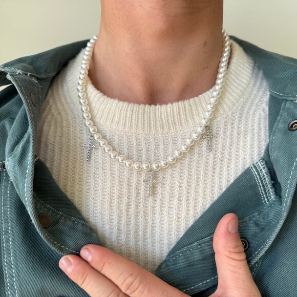 y2k 2000s style heavy metal punk grunge pearl emo cross pendant necklace - Picture 3 of 15